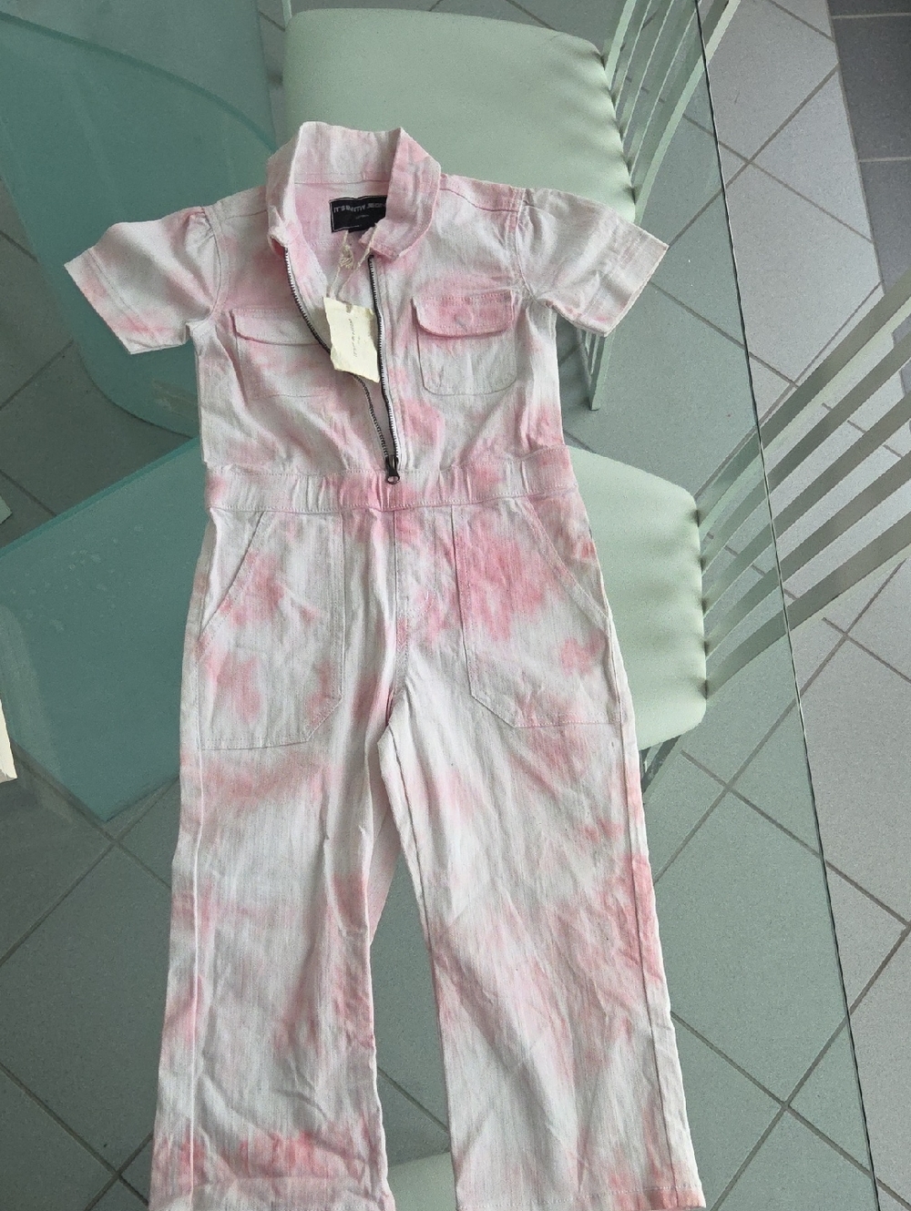 Girls Pink Tie-Dye Short Sleeve Jumpsuit with Front Zip